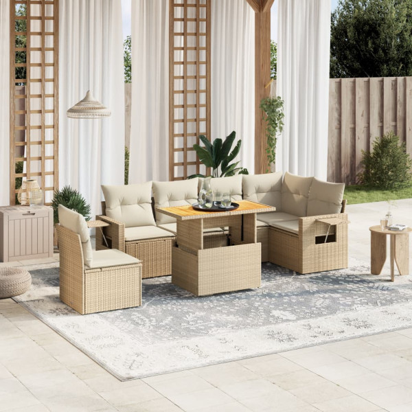 Set sofás de jardín 7 piezas y cojines ratán sintético beige D