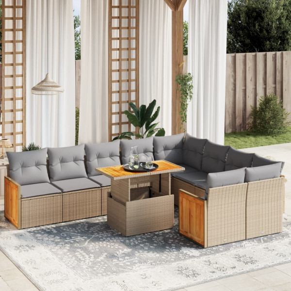 Conjunto de sofá de jardim com almofadas bege 10 peças de rattan sintético D