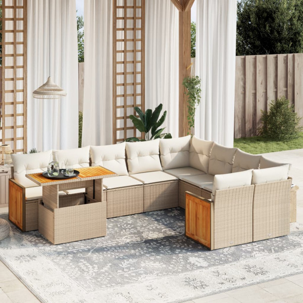 Conjunto de sofá de jardim com almofadas bege 10 peças de rattan sintético D