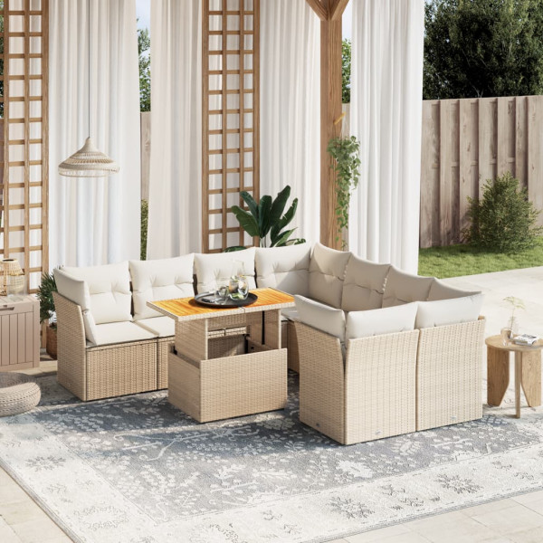 Sofá de jardim conjunto 9 pcs com almofadas de rattan sintético bege D