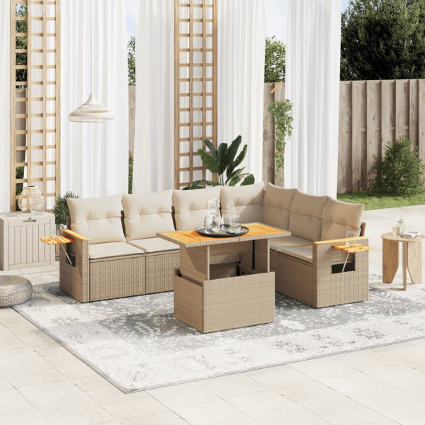 Set sofás de jardín 7 piezas y cojines ratán sintético beige D