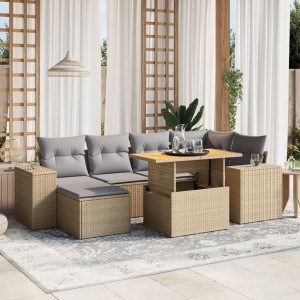 Set sofás de jardín 7 piezas y cojines ratán sintético beige D