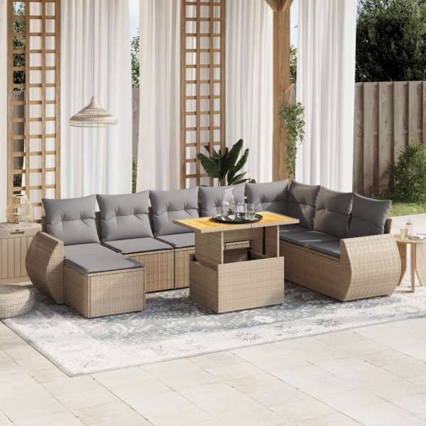 Sofá de jardim conjunto 9 pcs com almofadas de rattan sintético bege D