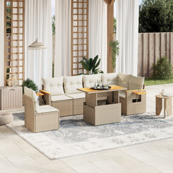 Set sofás de jardín 7 piezas y cojines ratán sintético beige D