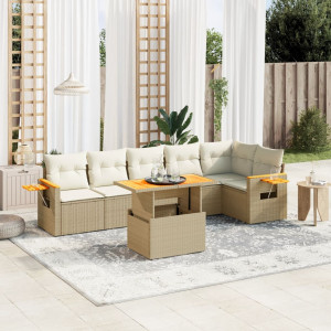 Set sofás de jardín 7 piezas y cojines ratán sintético beige D