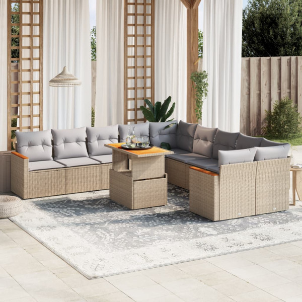 Set de sofás de jardín 11pzas con cojines ratán sintético beige D