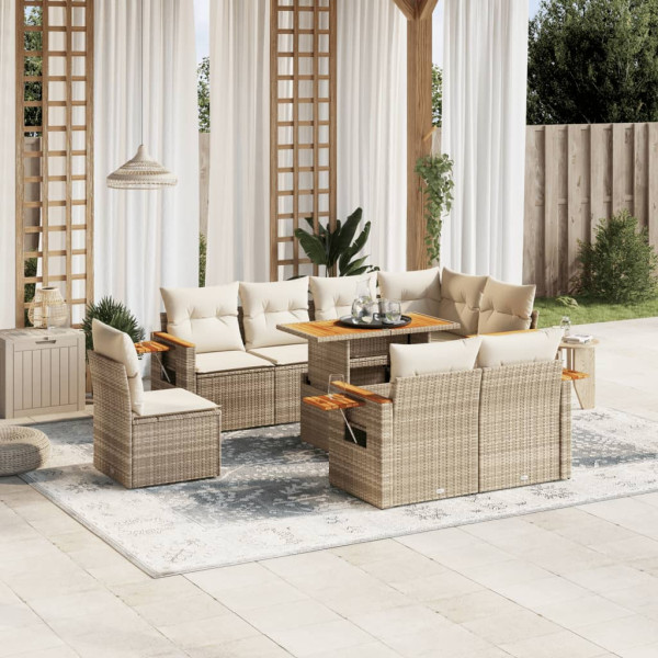 Sofá de jardim conjunto 9 pcs com almofadas de rattan sintético bege D