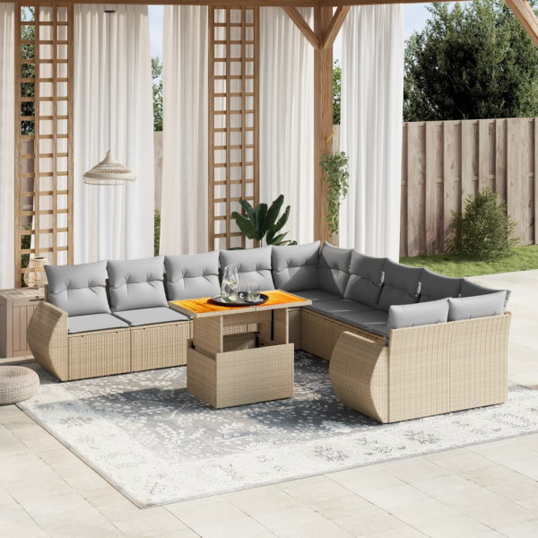 Set de sofás de jardín 11pzas con cojines ratán sintético beige D