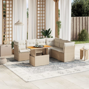 Set sofás de jardín 7 piezas y cojines ratán sintético beige D