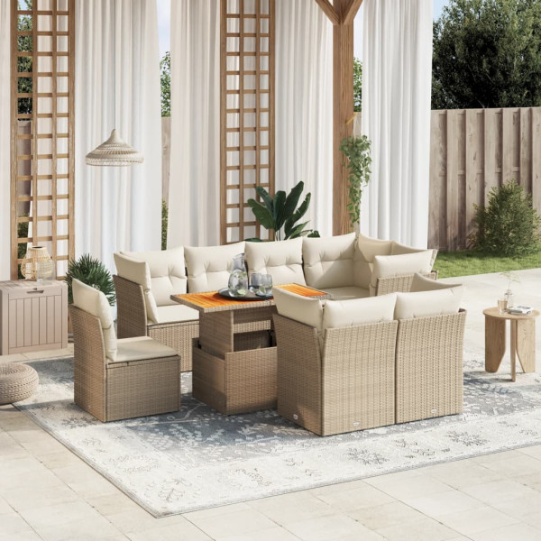 Sofá de jardim conjunto 9 pcs com almofadas de rattan sintético bege D