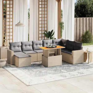 Set de sofás de jardín 9 pzas con cojines ratán sintético beige D