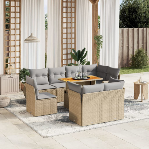 Set de sofás de jardín 9 pzas con cojines ratán sintético beige D