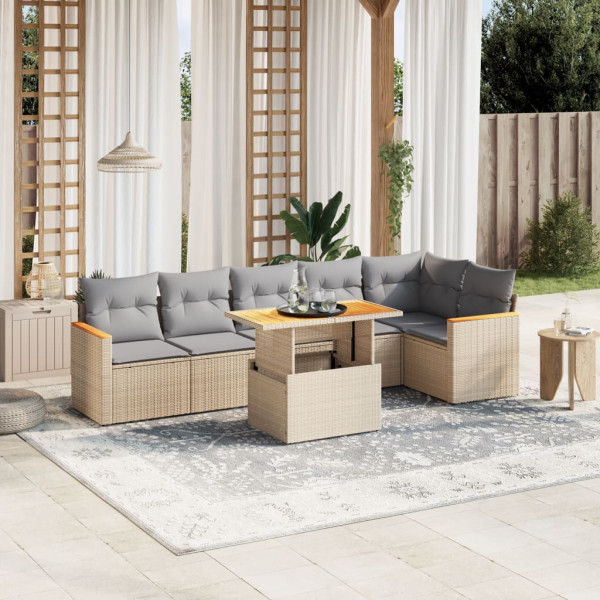 Set sofás de jardín 7 piezas y cojines ratán sintético beige D