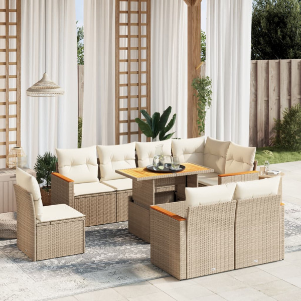 Sofá de jardim conjunto 9 pcs com almofadas de rattan sintético bege D