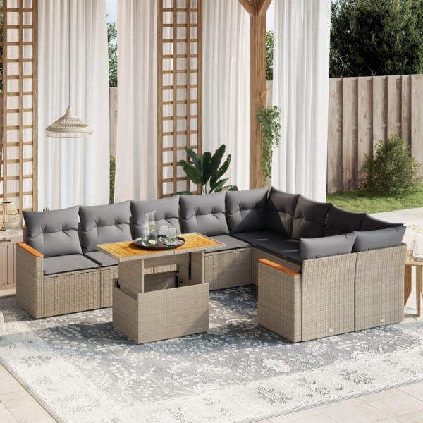 Conjunto de sofá de jardim com almofadas bege 10 peças de rattan sintético D