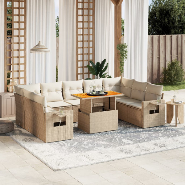 Conjunto de sofá de jardim com almofadas bege 10 peças de rattan sintético D