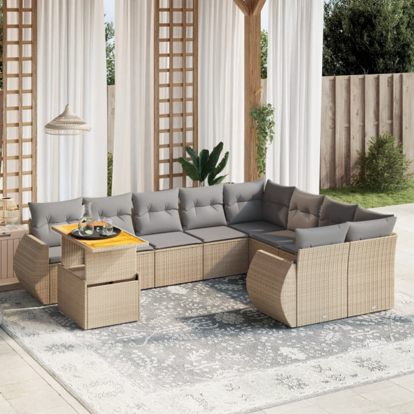 Conjunto de sofá de jardim com almofadas bege 10 peças de rattan sintético D