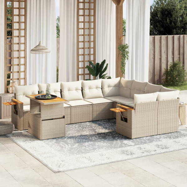 Conjunto de sofá de jardim com almofadas bege 10 peças de rattan sintético D