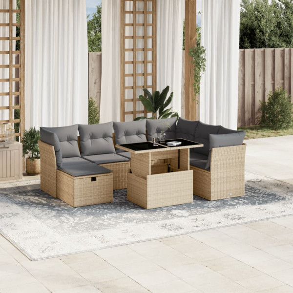 Set de sofás de jardín y cojines 8 piezas ratán sintético beige D