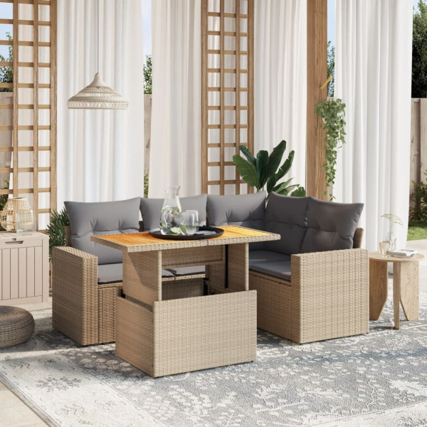 Sofá de jardim com almofadas 5 pcs bege sintético rattan D