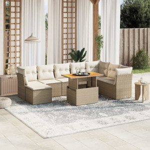 Set de sofás de jardín 9 pzas con cojines ratán sintético beige D