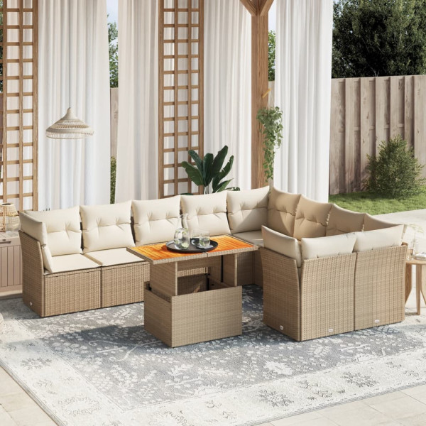 Conjunto de sofá de jardim com almofadas bege 10 peças de rattan sintético D