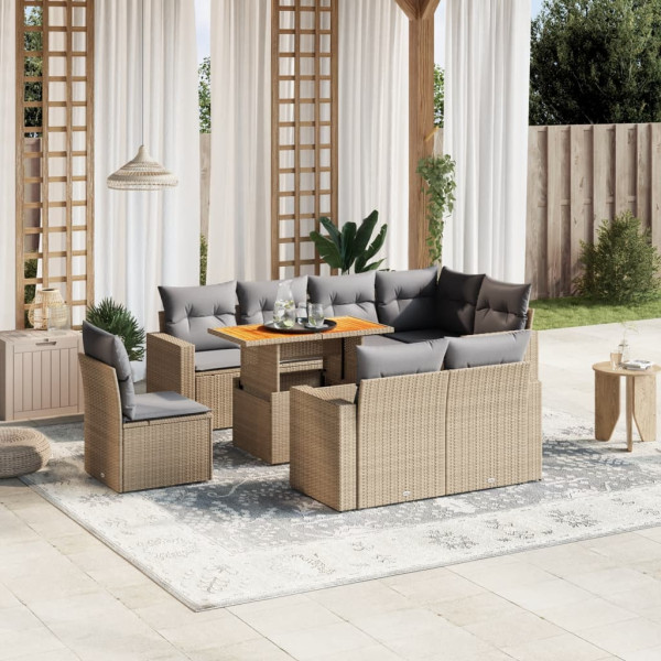 Set de sofás de jardín 9 pzas con cojines ratán sintético beige D