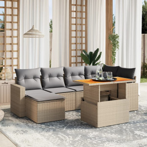 Set sofás de jardín 7 piezas y cojines ratán sintético beige D