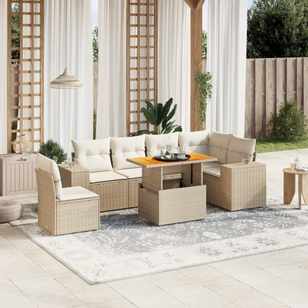 Set sofás de jardín 7 piezas y cojines ratán sintético beige D