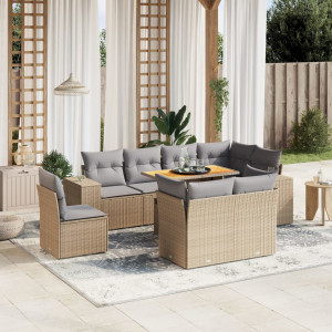 Set de sofás de jardín 9 pzas con cojines ratán sintético beige D