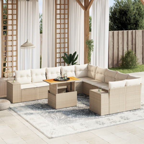 Sofá de jardim de 11 pz com almofadas de rattan sintético bege D