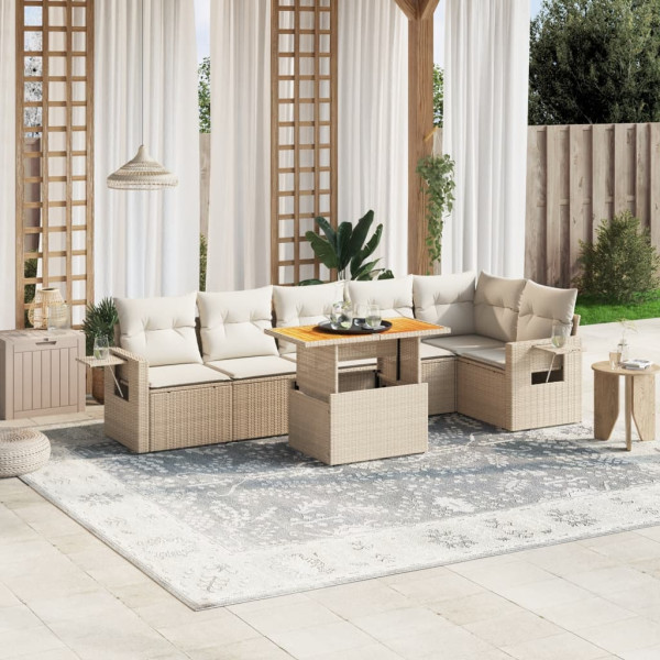 Set sofás de jardín 7 piezas y cojines ratán sintético beige D