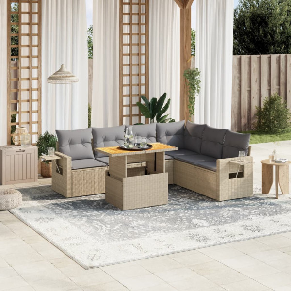 Set sofás de jardín 7 piezas y cojines ratán sintético beige D