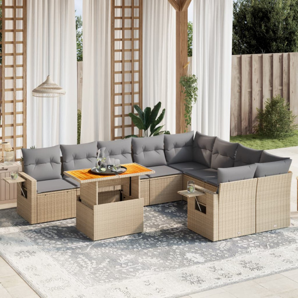 Conjunto de sofá de jardim com almofadas bege 10 peças de rattan sintético D