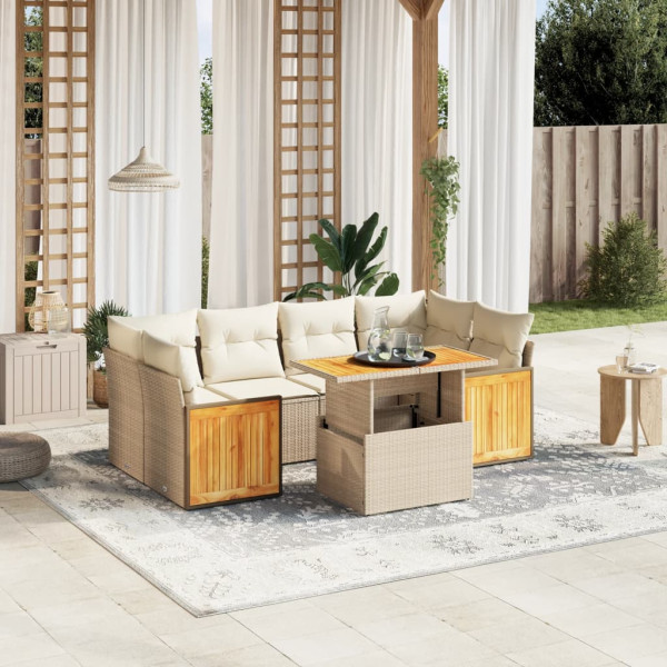 Set sofás de jardín 7 piezas y cojines ratán sintético beige D