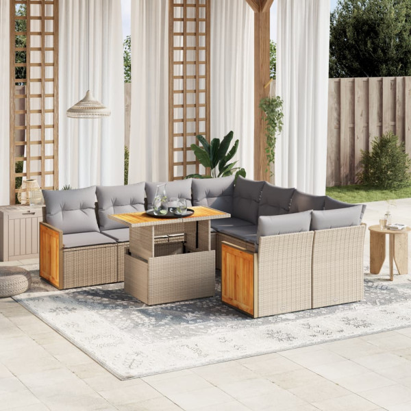 Set de sofás de jardín 9 pzas con cojines ratán sintético beige D