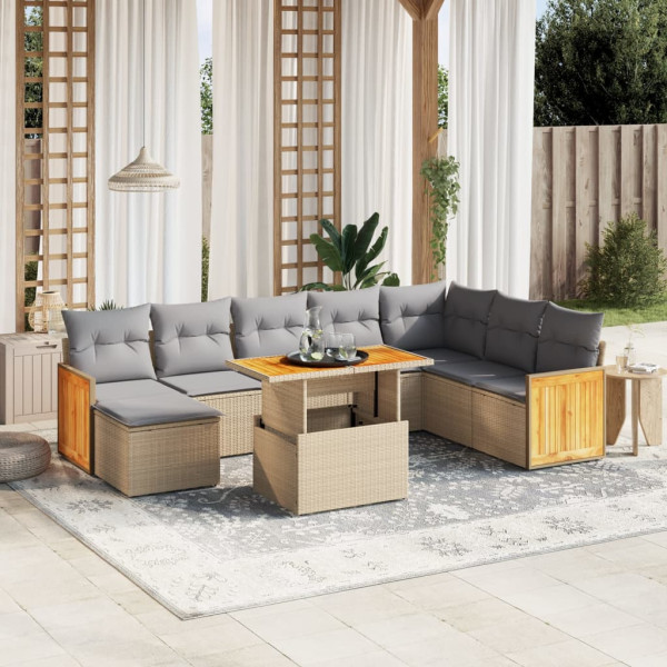 Set de sofás de jardín 9 pzas con cojines ratán sintético beige D