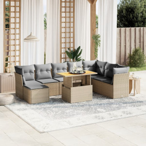 Set de sofás de jardín 9 pzas con cojines ratán sintético beige D