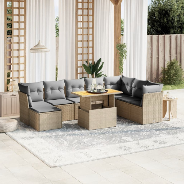 Sofá de jardim conjunto 9 pcs com almofadas de rattan sintético bege D