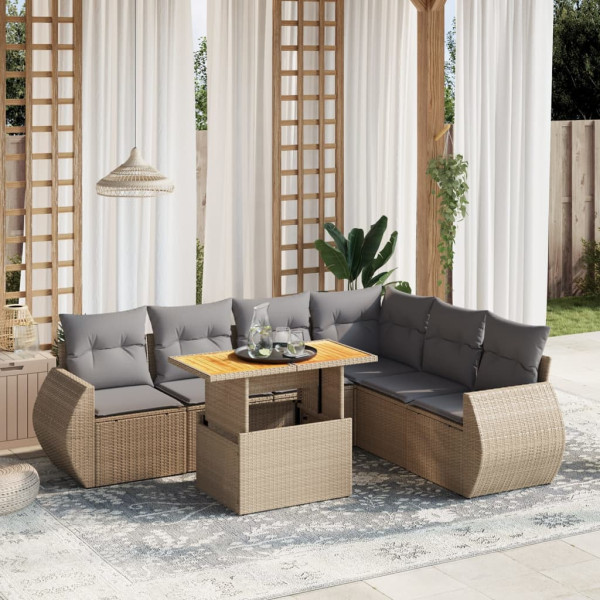 Set sofás de jardín 7 piezas y cojines ratán sintético beige D