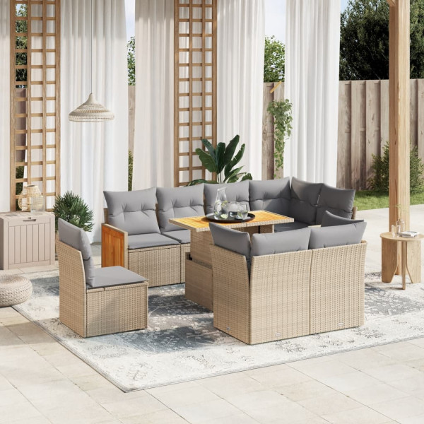 Sofá de jardim conjunto 9 pcs com almofadas de rattan sintético bege D