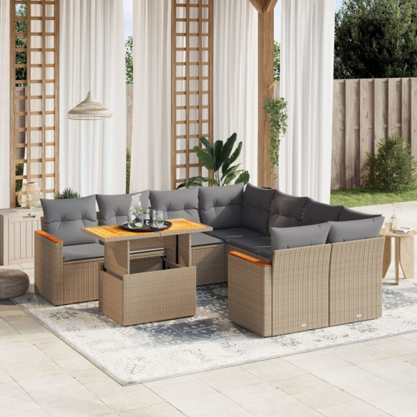 Sofá de jardim conjunto 9 pcs com almofadas de rattan sintético bege D