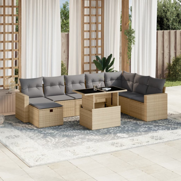 Sofá de jardim conjunto 9 pcs com almofadas de rattan sintético bege D