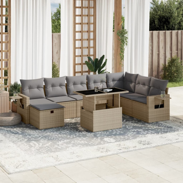 Set de sofás de jardín 9 pzas con cojines ratán sintético beige D