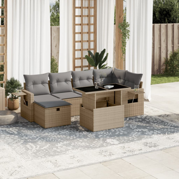 Set sofás de jardín 7 piezas y cojines ratán sintético beige D