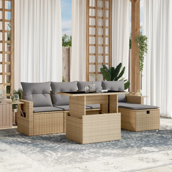 Sofá de jardim com almofadas 6 pcs bege sintético rattan D