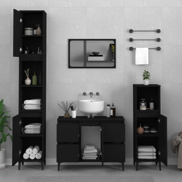 Juego de muebles de baño 3 pzas madera contrachapada negro D