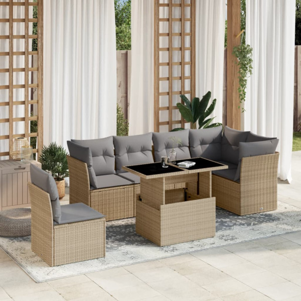 Set sofás de jardín 7 piezas y cojines ratán sintético beige D