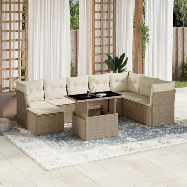 Set de sofás de jardín 9 pzas con cojines ratán sintético beige D