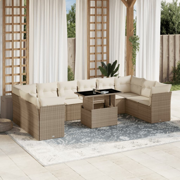 Set de sofás de jardín 11pzas con cojines ratán sintético beige D